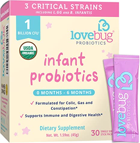 LoveBug Probiotics Infant Probiotics for 0-6 Months, 30 Packets 1 Billion CFU Allergen-Free, Non-GMO, Vegan