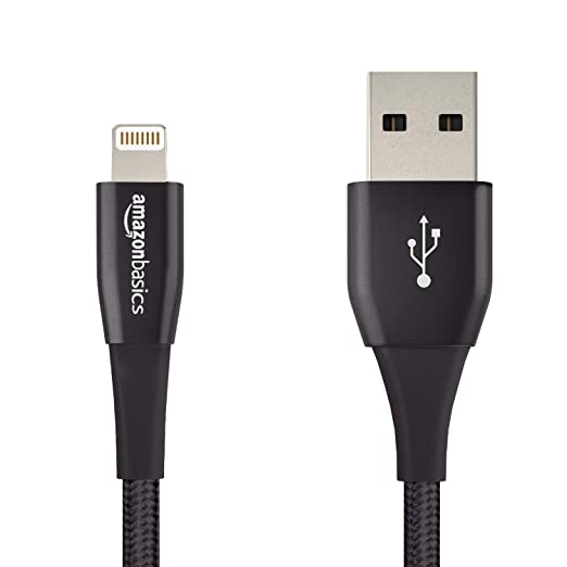AmazonBasics Double Nylon Braided USB A Cable with Lightning Connector, Collection - 4 inches (10 Centimetres) - Black (Ideal for Power Banks)