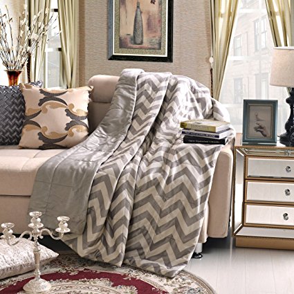 Luxurious Grey and White Oversized Chevron Throw Blankets 60" x 70" Super Comfy, Soft and Plush
