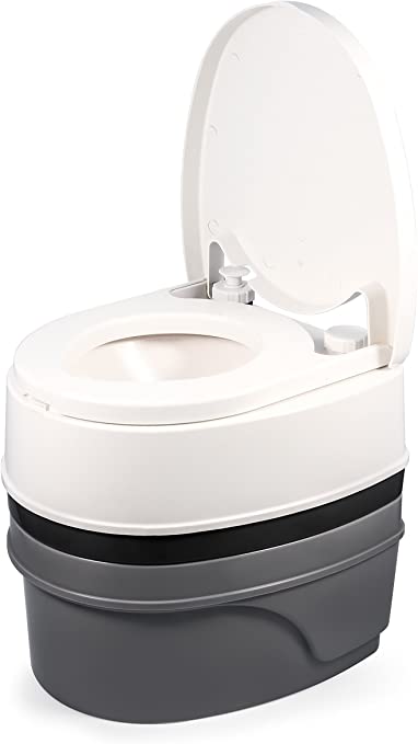 Camco Premium Portable Travel Toilet With Three Directional Flush And Swivel Dumping Elbow, Designed for Camping, RV, Boating And Other Recreational Activites (5.3 gallon, Frustration Free Packaging)