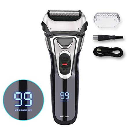 Electric Razor for Men,IPX7 Waterproof Men's Electric Shaver,AWECOT Rechargeable Foil Shaver Trimmer with 3D Floating Blades,Pop-up Trimmer and LED Display,Wet & Dry Use for Beard Shaving