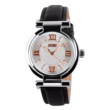 Women's Black Wrist Watch, Leather Strap Roman Number and Waterproof Analog Quartz Watches with Silver Dial