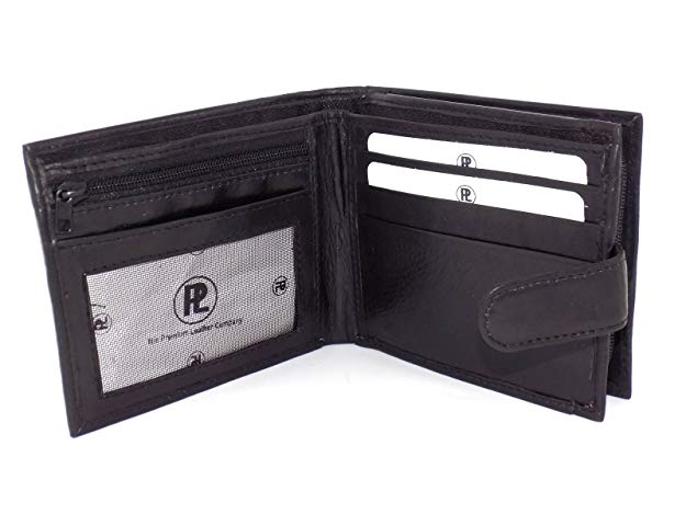 Men's Soft Black Smooth Leather Credit Card Wallet with Zip Coin Pocket & ID Window