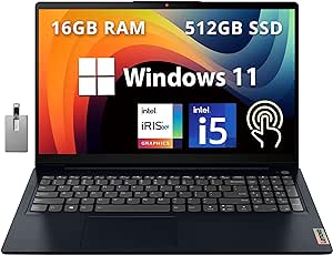 Lenovo IdeaPad 3i 15.6" FHD Touchscreen Laptop, Intel Core i5-1155G7, 16GB RAM, 512GB PCIe SSD, Intel Iris Xe Graphics, HD Webcam, Num Pad, WiFi 6, Win 11, Abyss Blue, 32GB Hotface USB Card