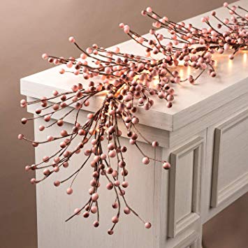 LampLust Pip Berry Garland Decoration - 6 Ft, Blush Pink Faux Berries on Rustic Grapevine Base, 100 White LED Lights, Battery Operated, 6 Hour Timer, for Christmas Party, Wedding, or Girl's Bedroom