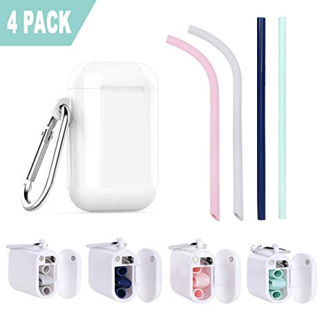 Collapsible Reusable Straws, 4 Pack ECO-Friendly 8.7'' Silicone Drinking Straws Set, 4 Silicone Straws, 4 Gift Cases and 4 Cleaning Brush, Portable, FDA Approved, BPA Free
