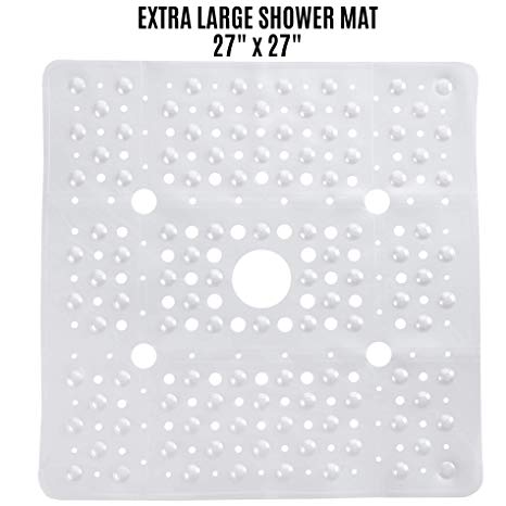 SlipX Solutions Extra Large Square Shower Mat Provides 65% More Coverage & Non-Slip Traction (27" Sides, 100 Suction Cups, Great Drainage) (White Pearl)