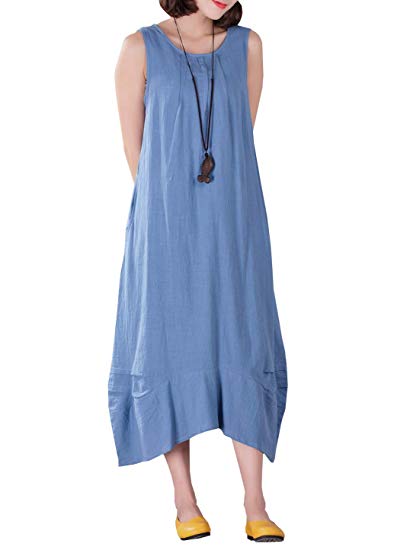 YUHEYUHE Women's Casual Loose Sleeveless Sundress A-line Summer Soft Long Midi Cotton Linen Dresses