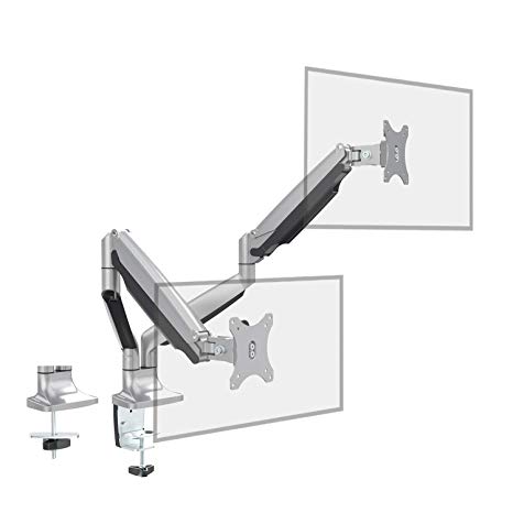 Dual Monitor Stand Mount - Fully Adjustable Aluminum Gas Spring Double Arm Desk Mount, Tilts, Swivels - Computer Riser with Clamp & Grommet Base Fits Two 13-32 Inch Screens - VESA 75x75 100x100