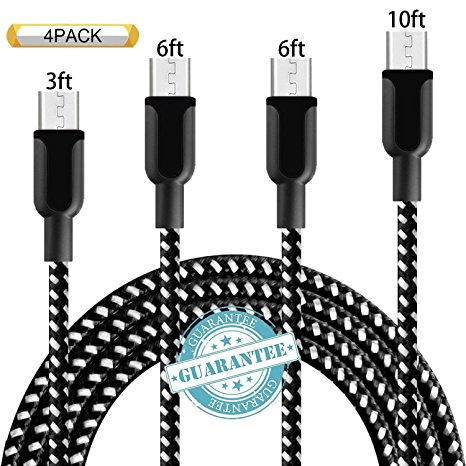 DANTENG Micro USB Cable,4 Pack 3FT 6FT 6FT 10FT Long Premium Nylon Braided Android Charger USB to Micro USB Charging Cable Samsung Charger Cord for Samsung Galaxy S7 Edge S7 S6 S4 S3,Note 5 4 (Black)