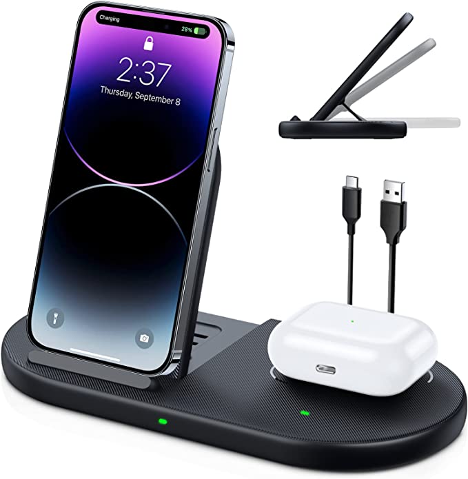 LK Wireless Charging Station, 2 in 1 Wireless Charger for Apple Foldable Charging Pad for iPhone 14 Pro/14/13 Pro/13/12 Pro/11, Google Pixel 7 Pro, Samsung S22/S21/S20, AirPods/Galaxy Buds(No Adapter)