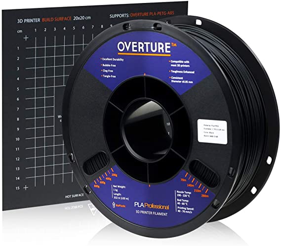 OVERTURE PLA Plus Filament (PLA ) 1.75mm PLA Professional Toughness Enhanced PLA Roll with 3D Build Surface 200 × 200mm, Premium PLA 1kg Spool (2.2lbs), Dimensional Accuracy  /- 0.05 mm (Black)