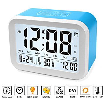 Digital Alarm Clock 4.5'' Display Talking Clock with 3 Alarms, 7 Rings, Optional Weekday Alarm, Intelligent Noctilucent & Snooze Function, Month Date & Temperature Display, Battery Operated