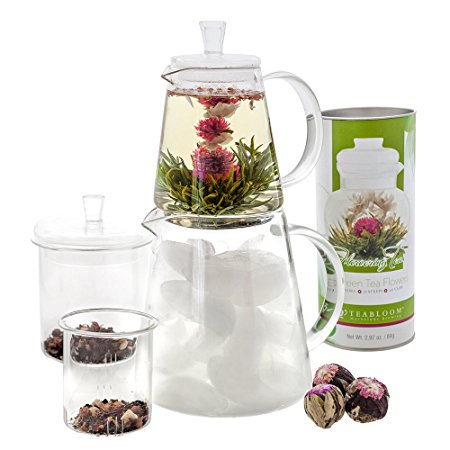 Teabloom Flowering Tea Set - 12 Blooming Tea Flowers - Bonus Free Hot & Cold Brewing Stackable Teapots