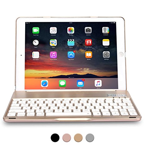 iPad Air 1, iPad 9.7 2017 Keyboard case, COOPER NOTEKEE F8S Backlit LED Bluetooth Wireless Rechargeable Keyboard Portable Laptop Macbook Clamshell Clamcase Cover with 7 Backlight Colors (Gold)