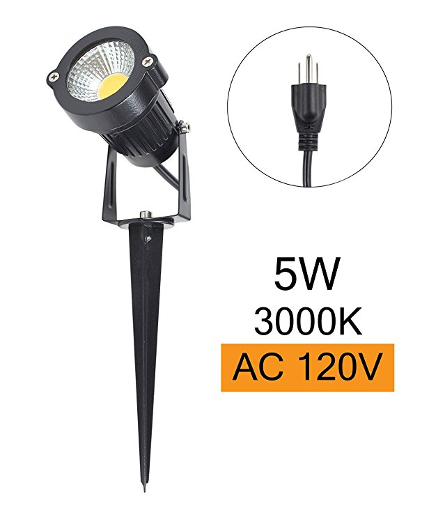 J.LUMI LED outdoor spotlight 5W, 120V AC, 3000K warm white, metal ground stake, Corded with Plug UL listed