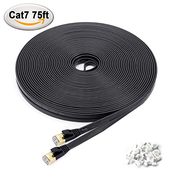 MEALINK Cat 7 Ethernet Cable 75 ft Fastest Shield(FTP) LAN Cable with Gold Plated Connectors Patch Cord-75 ft Black(22.86 Meters) with 18 Cable Clips