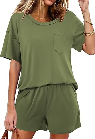 Ekouaer Women's 2 Piece Pajama Sets Short Sleeve Lounge Sets Soft Round Neck Top and Shorts Sleepwear