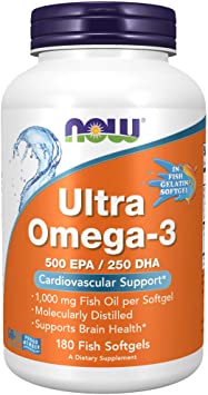 NOW Supplements, Ultra Omega-3, 500 EPA and 250 DHA, Cardiovascular Support*, 180-Fish Gelatin Softgels