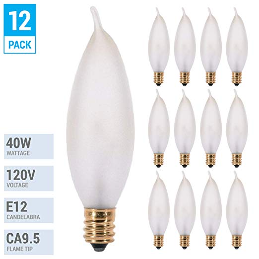 (Pack of 12) 40 CFF - 40 Watt CFF Frosted Candelabra Base (E12) Flame Tip Shape 120V Incandescent Chandelier Light Bulbs