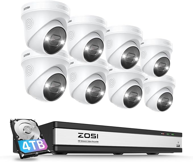 ZOSI 16CH 4K Spotlight PoE Security Camera System,8pcs 4K Outdoor Indoor PoE IP Cameras,Person Vehicle Detection,2 Way Audio and Siren,Night Vision,8MP 16Channel NVR with 4TB HDD for 24/7 Recording