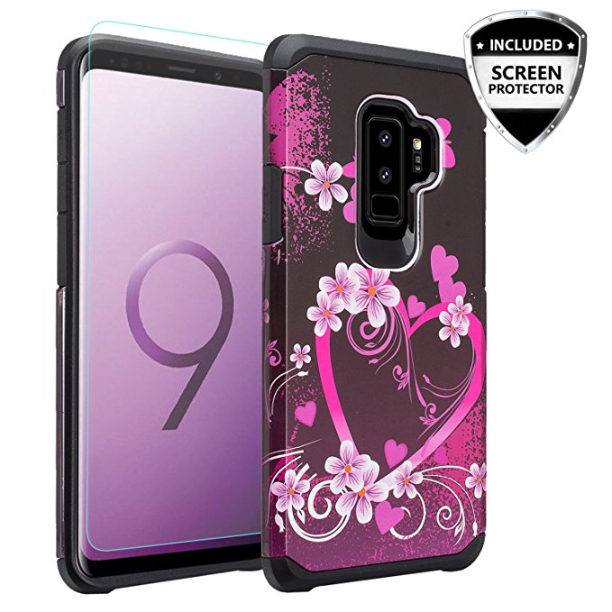 GALAXY WIRELESS for Galaxy S9 Case,Samsung Galaxy S9 Case with Screen Protector [Dual Layer] Hybrid Shock Proof Heavy Duty Girl Case Cover for Protective Phone Case for Galaxy S9 - Hot Pink Heart