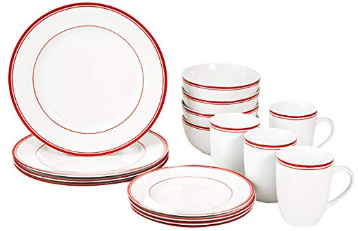 AmazonBasics 16-Piece Cafe Stripe Kitchen Dinnerware Set, Plates, Bowls, Mugs, Service for 4, Red