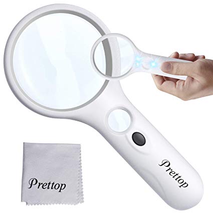 Prettop Magnifying Glass with Light for Reading LED Handheld Magnifier 3X 45X Illuminated for Children Hobbies Crafts White