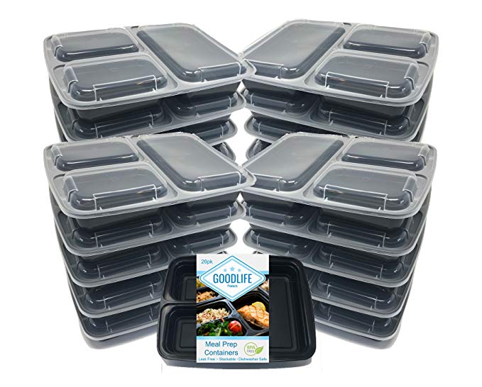 GOODLIFE Products [20 Pack] 3 Compartment Meal Prep Containers BPA Free Portion Control Bento Boxes (20pack, 3 compartment)