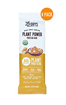 22 Days Nutrition Organic Protein Bar, Chunky Peanut Butter, 4 Count | Plant Based Protein Bars, Gluten Free, Vegan, Soy Free, Real Food, Dairy Free, 15g Protein, Low Sugar (5g), Fiber (8g)