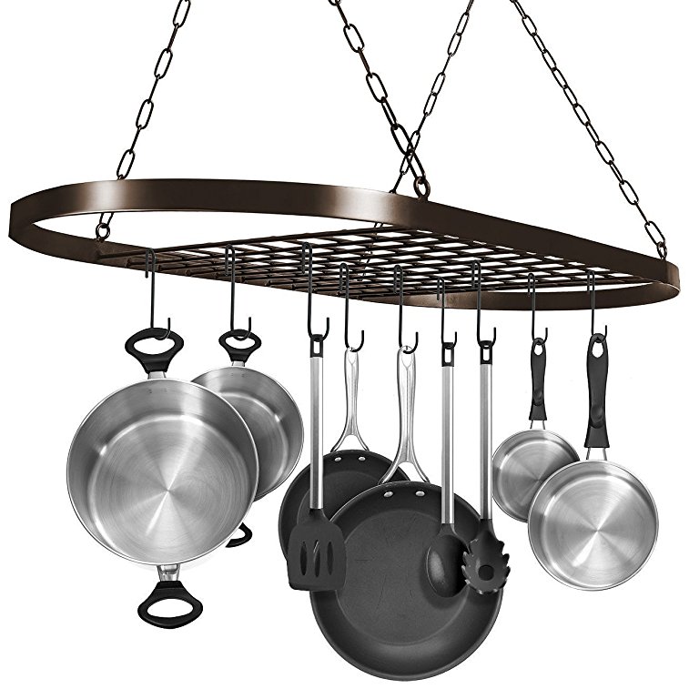 Sorbus Pot and Pan Rack for Ceiling with Hooks — Decorative Oval Mounted Storage Rack — Multi-Purpose Organizer for Home, Restaurant, Kitchen Cookware, Utensils, Books, Household (Hanging Bronze)