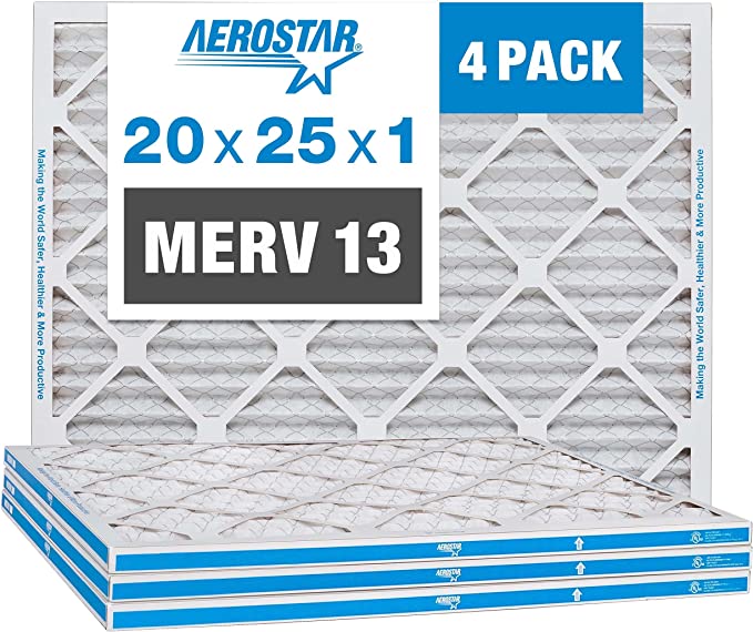 Aerostar 20x25x1 MERV 13 Pleated Air Filter, AC Furnace Air Filter, 4 Pack (Actual Size: 19 3/4" x 24 3/4" x 3/4")