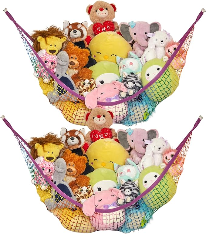 Lilly's Love Stuffed Animal Net Hammock for Plushie Toys - Large 2 Pack | Corner Hanging Storage for Organizing your Teddy and Stuffy Collection | Easy to Hang w/Included Anchors & Hooks (Rainbow)