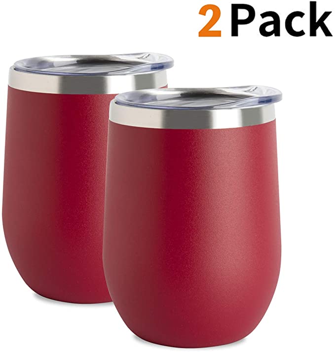 Jearey Stemless Wine Glass Tumbler 12 oz Stainless Steel Double Wall Vacuum Insulated Wine Cup with Lid Travel Friendly (2 Pack, Red)