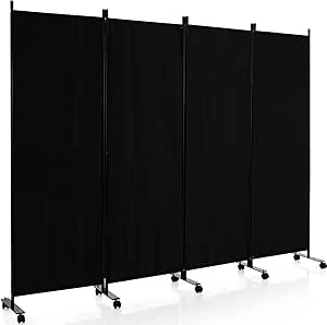 Giantex 4 Panel Room Divider, Folding Privacy Screen with Lockable Wheels, Rolling Partition Room Dividers, Freestanding Fabric Wall Divider for Home Office Studio Separation, 89''W x 68''H, Black