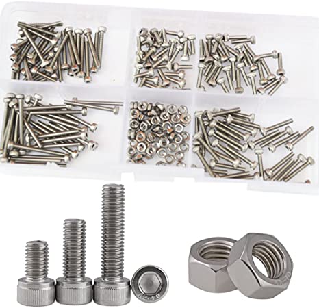 Hex Socket Head Cap Screw Metric Threaded Allen Hexagon Head Machine Metal Bolt Nut Standard Hardware Fastener Assortment Kit Set SAE 210Pcs 304 Stainless Steel M2