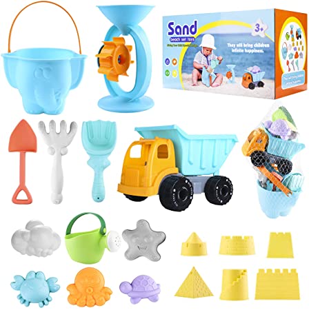 ARANEE 20Pcs Kids Beach Sand Toys Set Sand Water Wheel, Castle Molds, Truck Bucket, Beach Shovels Rakes Tool Kit, Hourglass, Sea Animal Molds, Watering Can, Cloud, Sandbox Toys for Toddlers Kids