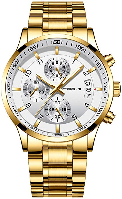 CRRJU Men's Six-pin Multifunctional Chronograph Wristwatches,Stainsteel Steel Band Waterproof Watch