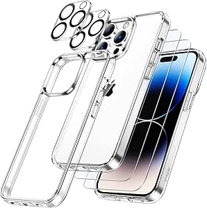 JETech 5 en 1 Coque pour iPhone 14 Pro 6,1 Pouces, Anti-Jaunissement 2 Protection D'écran et 2 Caméra Arrière Protecteur, Film en Verre Trempé à Couverture Complète, Housse Étui Antichoc (Clair)