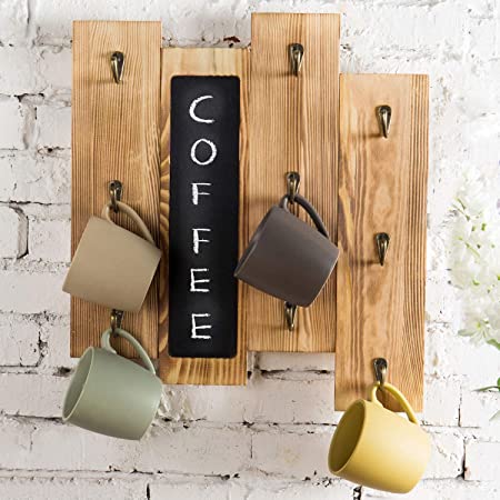MyGift 9-Hook Torched Wood Wall-Mounted Coffee Mug Rack with Chalkboard