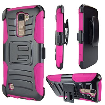 LG K10 Case, ATUS® Heavy Duty Dual Layer Holster Case Kick Stand with Locking Belt Swivel Clip   Screen Protector and Stylus Pen (PINK)