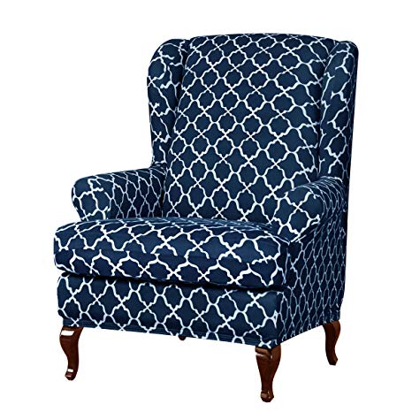 Subrtex Wingback Chair Slipcovers Wing Chair Covers Detachable Spandex Printed Sofa Covers Furniture Protector(Navy)