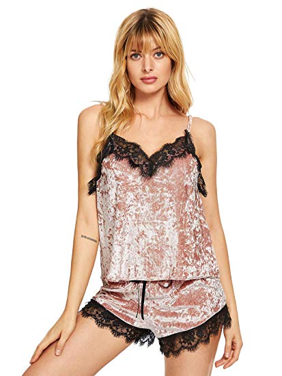 DIDK Women's Lace Trim Velvet Bralette and Shorts Pajama Set