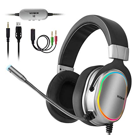 Pro Gaming Headset for PS4, Xbox One Controller, PC, 3.5mm Surround Stereo Gaming Headphones with Noise Cancelling Microphone, LED Lights & Soft Memory Earmuffs for Laptop Mac Nintendo Switch