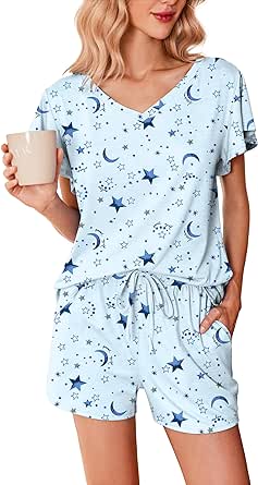 Ekouaer Women's Pajamas Set Ruffle Sleeves Sleepwear V Neck Comfy 2 Piece Pjs Loungewear Set with Pockets S-XXL