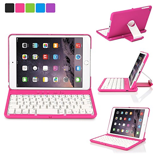 iNNEXT Aluminum 360 Swivel Rotating Stand Case Cover Built-in Bluetooth Keyboard for ipad Mini 1 2 3 with Retina Display (Hot Pink)