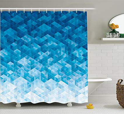 Ambesonne Geometric Decor Shower Curtain Set, Geometric Gradient Digital Texture With Mosaic Triangle Pattern Pixel Graphic Print, Bathroom Accessories, 75 Inches Long, Light Blue