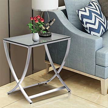 Yaheetech Stylish Clear Tempered Glass Small End Table Chrome Finish Living Room Furniture, Silver