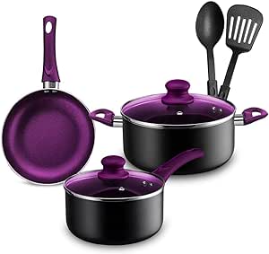 Chef's Star Pots And Pans Set Nonstick, Kitchen Cookware Sets, Aluminum Cooking Essentials 7 Pieces Purple