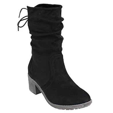 Beston FM31 Women's Back Lace Side Zipper Stacked Heel Mid-calf Slouchy Boots